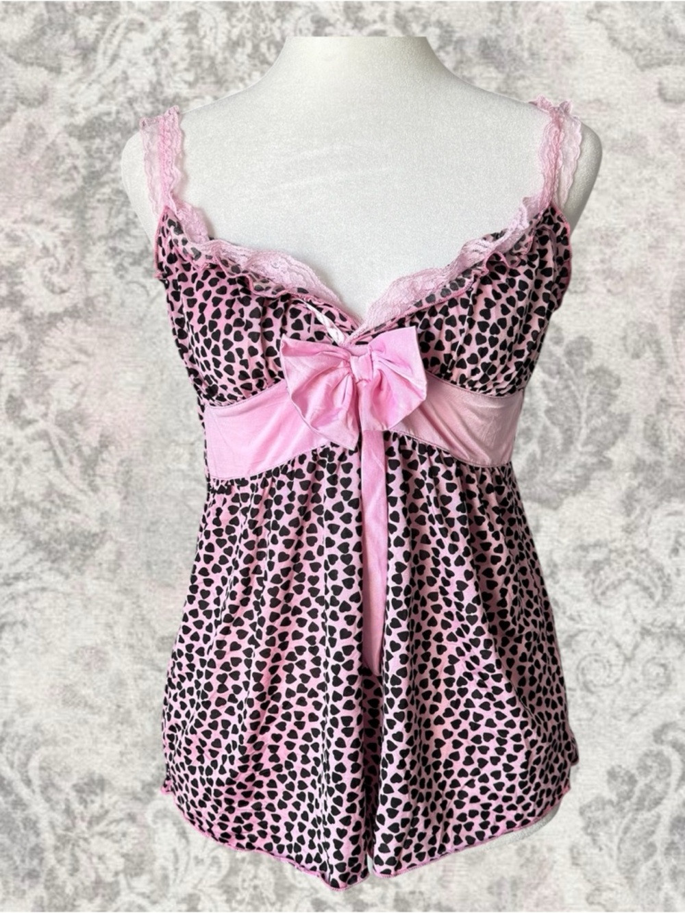 Pink Heart-Print Lace Trim Bow Y2K Mcbling Summer Women’s Small Camisole